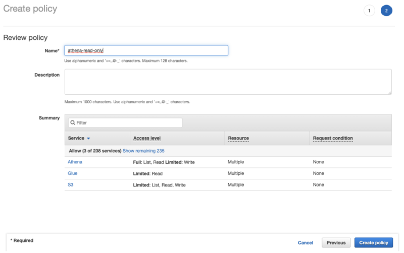 The "Create Policy" modal in Athena